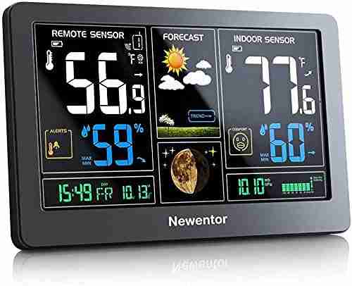 Newentor Weather Station Wireless Indoor Outdoor Thermometer, Color Display Digital Weather Thermometer with Atomic Clock, Forecast Station with Calendar and Adjustable Backlight
