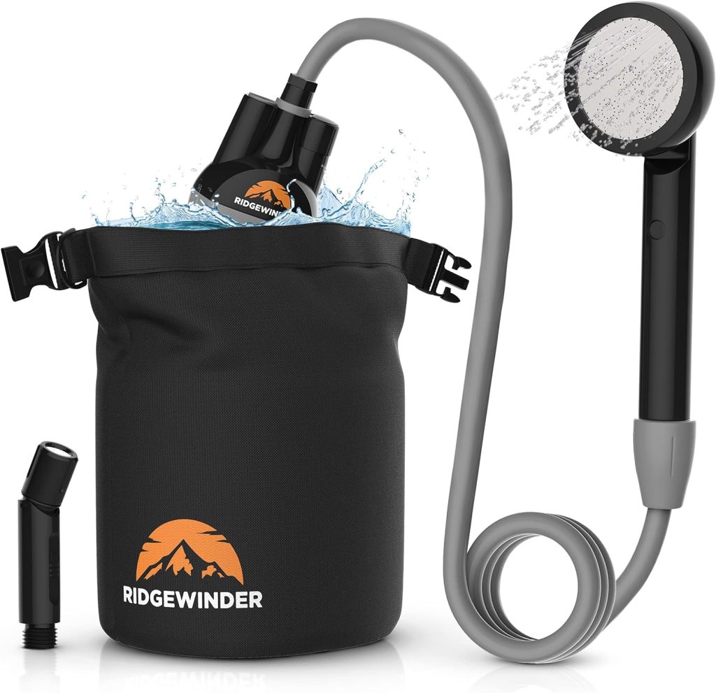 Ridgewinder Portable Shower for Camping with Dry Bag - Camp Shower with Rechargeable Battery and Included 10L Dry Bag for Water Storage. Complete Camping Shower in a Bag (+Sprayer Attachment).
