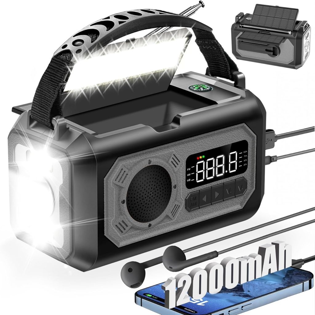 12000mAh Emergency Weather Radio, Hand Crank Radio Solar Radio Portable AM/FM/NOAA Radio with 2 Solar Panels 3 Charging Methods SOS Alarm 3 Mode Flashlight Phone Charger Compass Reading Lamp(Green)