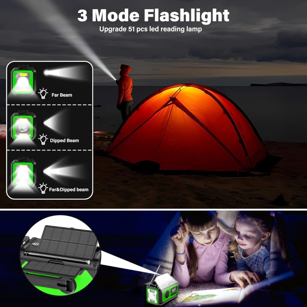 12000mAh Emergency Weather Radio, Hand Crank Radio Solar Radio Portable AM/FM/NOAA Radio with 2 Solar Panels 3 Charging Methods SOS Alarm 3 Mode Flashlight Phone Charger Compass Reading Lamp(Green)