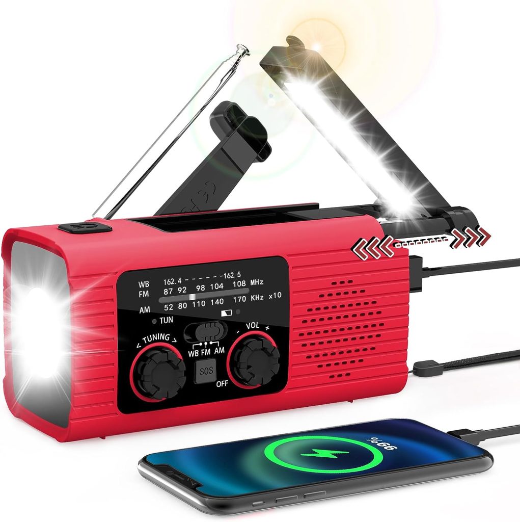 【2024 Newest】 NOAA Emergency Weather Radio, 4000mAh Weather Alert Radio Solar Charging, Hand Crank USB Charged, AM/FM Radio with LED Flashlight, Reading Lamp, SOS Alarm, Headphone Jack for Outdoor