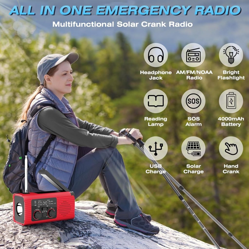 【2024 Newest】 NOAA Emergency Weather Radio, 4000mAh Weather Alert Radio Solar Charging, Hand Crank USB Charged, AM/FM Radio with LED Flashlight, Reading Lamp, SOS Alarm, Headphone Jack for Outdoor