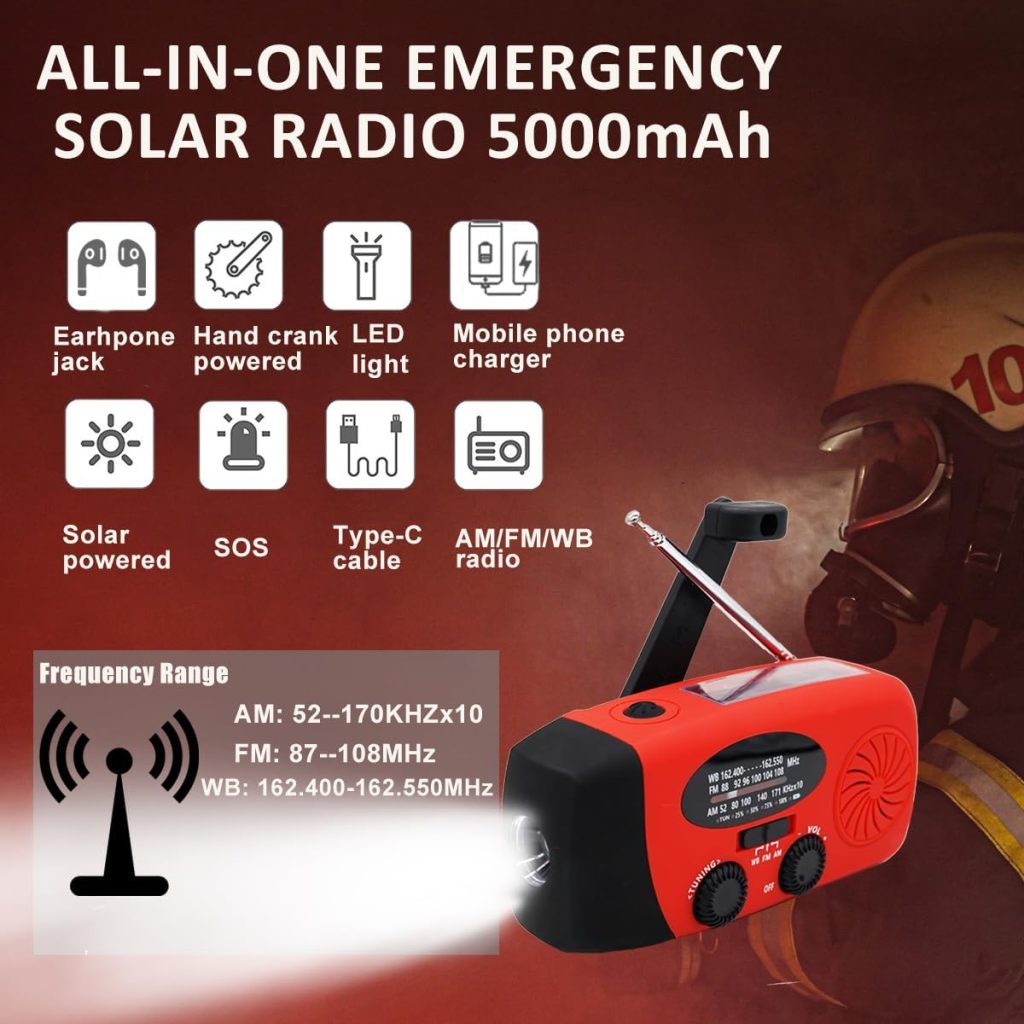 Alertsync 5000mah Emergency Weather Alert Radio, Hand Crank Radio Portable Phone Charger with 4 Modes Flashlight, AM/FM NOAA Solar Radio with SOS, Earphone Jack for Home Outdoor Emergency Hurricane