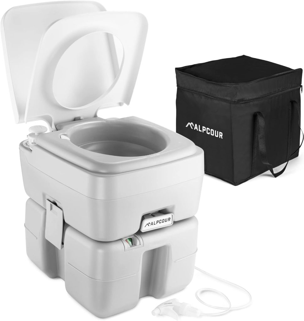 Alpcour Portable Toilet – Compact Indoor  Outdoor Commode w/Travel Bag for Camping, RV, Boat – Piston Pump Flush, 5.3 Gallon Waste Tank, Built-In Pour Spout  Washing Sprayer for Easy Cleaning