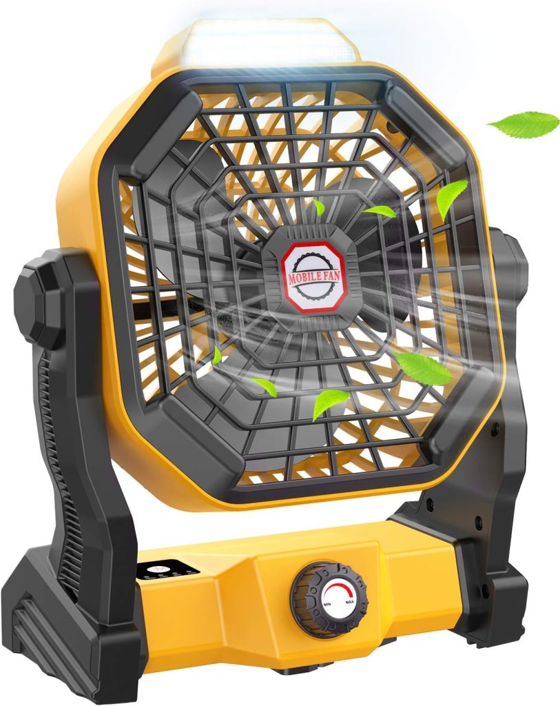 Camping Fan with LED Lantern, 10400mAh 9-Inch Rechargeable Outdoor Tent Fan, 270°Head Rotation, Stepless Speed and Quiet Battery Operated USB Fan for Picnic, Barbecue, Fishing, Travel