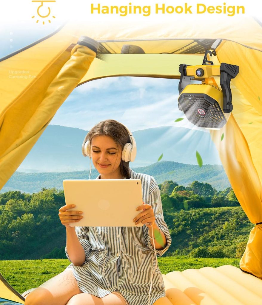 Camping Fan with LED Lantern, 10400mAh 9-Inch Rechargeable Outdoor Tent Fan, 270°Head Rotation, Stepless Speed and Quiet Battery Operated USB Fan for Picnic, Barbecue, Fishing, Travel