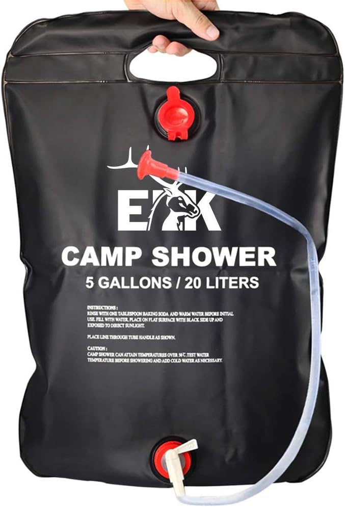 ELK Solar Heated Portable Shower Bag with Removable Hose and On/Off Switch for Outdoor Camping, Hiking and Traveling (5 Gallons / 20 Liters)