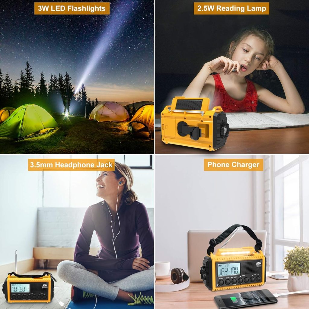 Emergency Radio Raynic 5000 Weather Radio Solar Hand Crank AM/FM/SW/NOAA Weather Alert Portable Radio with Cellphone Charger, Headphone Jack, Flashlight, Reading Lamp and SOS Alarm (Yellow)