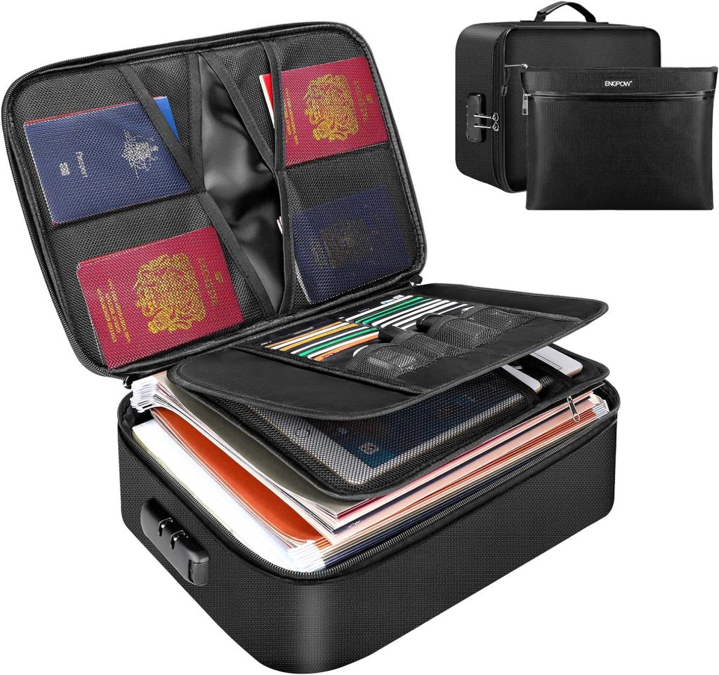 ENGPOW File Organizer Bags,Fireproof Document Bag with Money Bag,Home Office Travel Safe Bag with Lock,Multi-Layer Portable Filing Storage for Important File Passport Certificates Legal Documents
