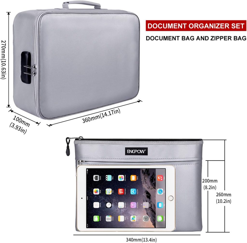 ENGPOW File Organizer Bags,Fireproof Document Bag with Money Bag,Home Office Travel Safe Bag with Lock,Multi-Layer Portable Filing Storage for Important File Passport Certificates Legal Documents