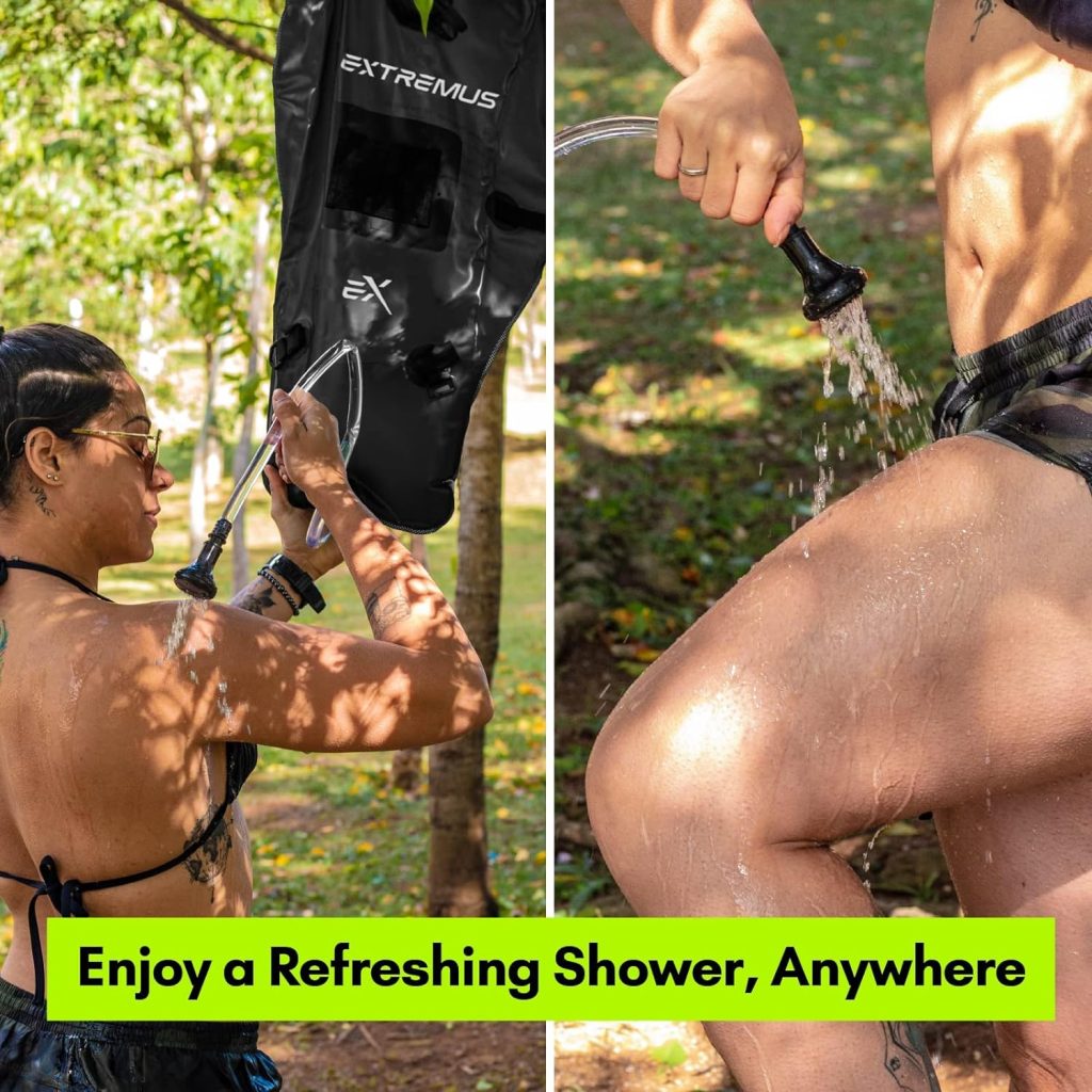 Extremus Camping Shower Bag, Camp Shower Bag, Durable, Leak-Proof Design with Thermometer, Removable Hose, and On-Off Switchable Shower Head, Portable Solar Shower for Camping