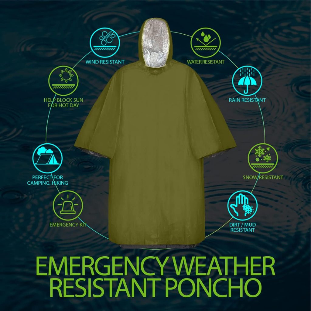 FosPower Emergency Rain Poncho [4 Pack] [Retains 90% Body Heat] Reusable Weather Resistant Raincoat for Men, Women, Adults, Camping, Hiking, Emergency Supplies  Survival Kits (Green + Orange)