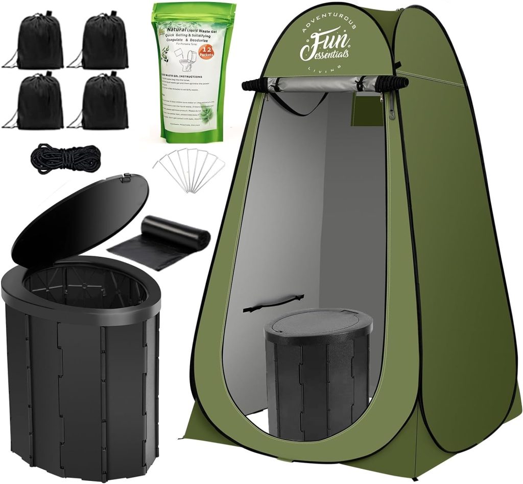 FUN ESSENTIALS Portable Toilet Kit For Adults, Pop Up Privacy Tent, X Large Camping Folding Toilet, 12 Toilet bags, 12 pack Liquid Waste Gel, Washable Foldable For Travel,RV,Outdoor
