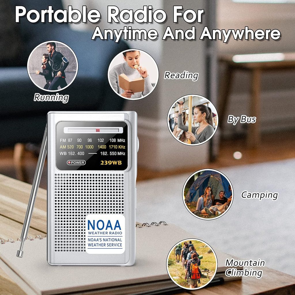 Greadio NOAA Weather Radio, AM/FM Battery Operated Transistor Portable Radio with Best Reception,Stereo Earphone Jack,Powered by 2 AA Battery for Emergency,Hurricane,Running, Walking,Home (Silver)