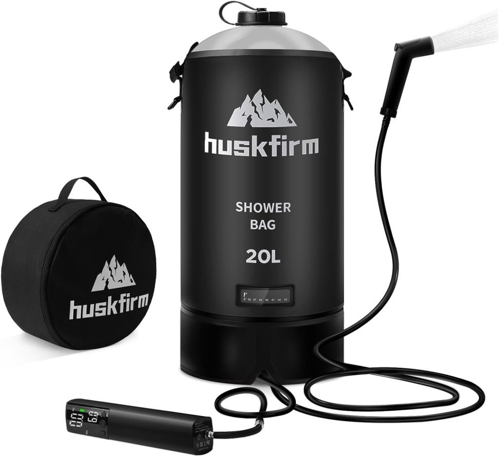Huskfirm Portable Shower,5 Gallons/20L Camping Shower Bag with Electric Air Pump,Water Level Window,Solar Shower with Hot Water,Adjustable Nozzle,Camp Shower for Beach Hiking Outdoor Camping Trip