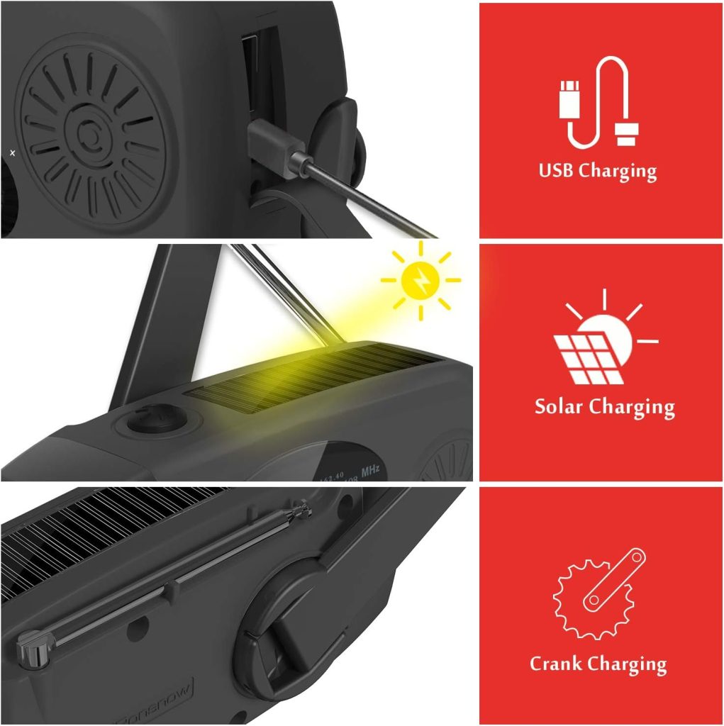 iRonsnow Solar Emergency Hand Crank Weather Radio, Portable Self Powered NOAA AM/FM Radios with SOS Alarm LED Flashlight 2000mAh Power Bank Smart Phone USB Charger for Camping (Red)