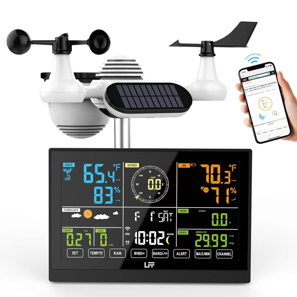 LFF Weather Station, with Outdoor Sensor, Wireless Weather Station with Rain Gauge, UV Index, Wind Speed/Direction, Weather Forecast, Barometer, WiFi Weather Station with 4-Level Adjustable Backlight
