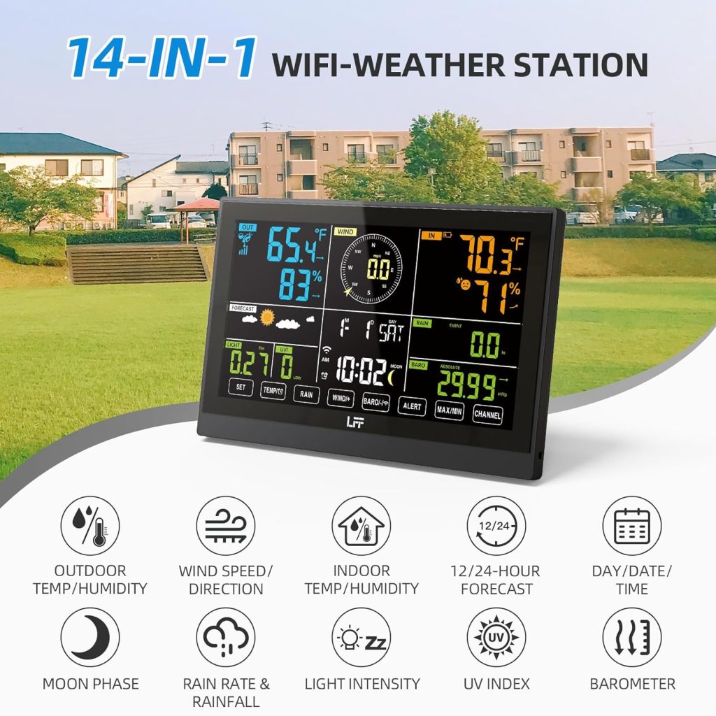 LFF Weather Station, with Outdoor Sensor, Wireless Weather Station with Rain Gauge, UV Index, Wind Speed/Direction, Weather Forecast, Barometer, WiFi Weather Station with 4-Level Adjustable Backlight