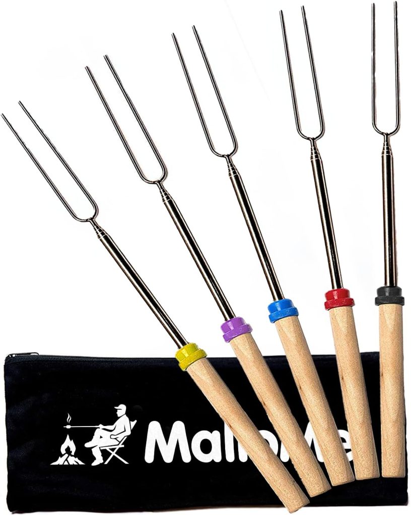 MalloMe Smores Sticks for Fire Pit Long - Marshmallow Roasting Sticks Smores Kit - Smore Skewers Hot Dog Fork Campfire Cooking Equipment, Camping Essentials Smores Gear Outdoor Accessories 32 5 Pack