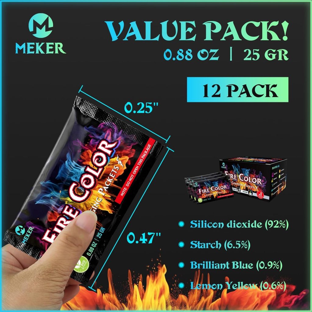 MEKER Fire Color Changing Packets - Fire Pit, Campfires, Outdoor Fireplaces, Bonfire - Magic Colorful Changing Fire - Perfect Fire Camping Accessories for Kids Adults (12 Pack)