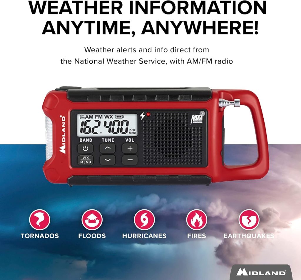 Midland - ER210 Emergency Compact Crank Weather AM/FM Radio - Multiple Power SOS Emergency Flashlight, NOAA Weather Scan + Alert