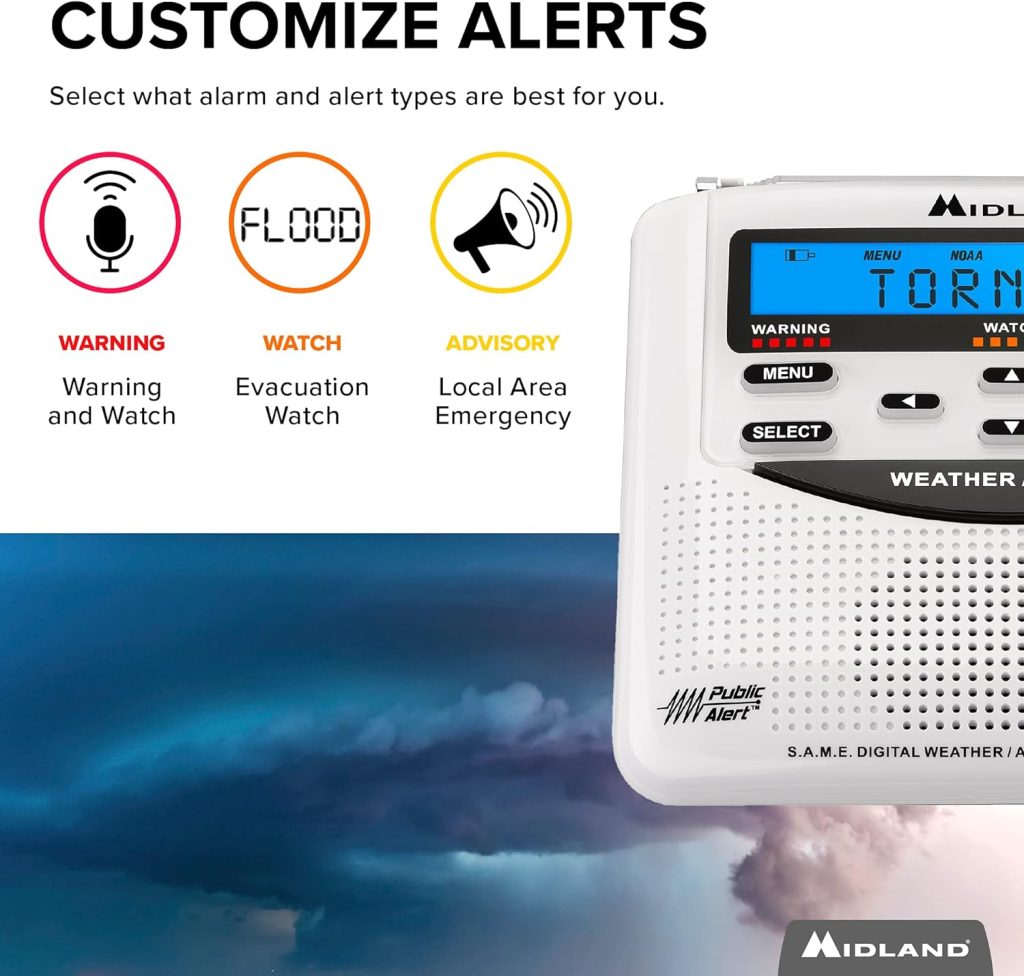 Midland - WR120B - NOAA Emergency Weather Alert Radio - S.A.M.E. Localized Programming, Trilingual Display, 60+ Emergency Alerts,  Alarm Clock (WR120B - Box Packaging)
