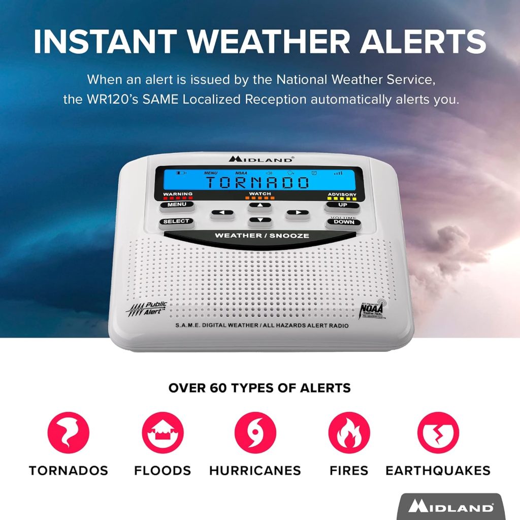 Midland - WR120B - NOAA Emergency Weather Alert Radio - S.A.M.E. Localized Programming, Trilingual Display, 60+ Emergency Alerts,  Alarm Clock (WR120B - Box Packaging)