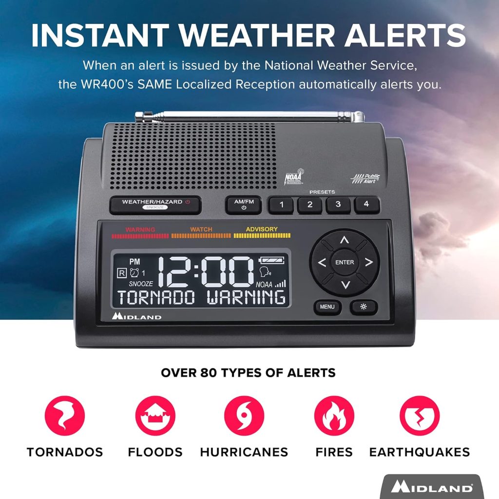 Midland - WR400 Weather Radio Deluxe - NOAA Emergency Alert Scanner – Home Use with Battery Backup - Local County Programming Over 80 Emergency Voice Flashing Alerts – Alarm Clock AM/FM Radio