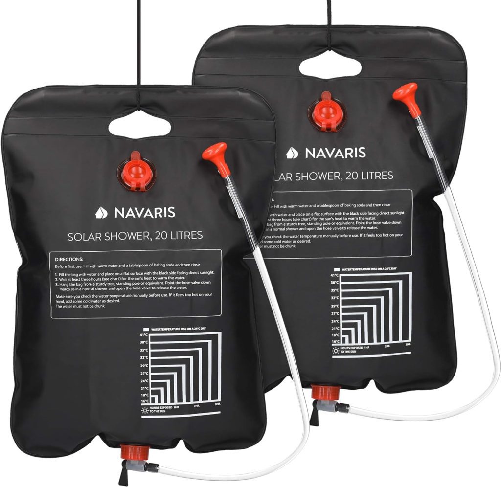 Navaris Solar Shower Bag 5 Gallons - 2X Solar Heating Camping Shower Bag with Shower Head, Hose, Tap Head - for Ideal Traveling, Hiking, Backpacking