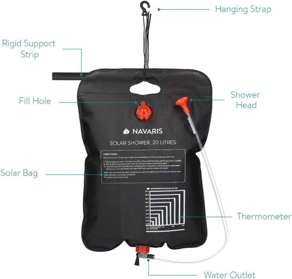 Navaris Solar Shower Bag 5 US Liquid Gallons / 20L - Solar Heating Camping Shower Bag with Shower Head, Hose, Tap Head for Travel, Hiking, Backpacking