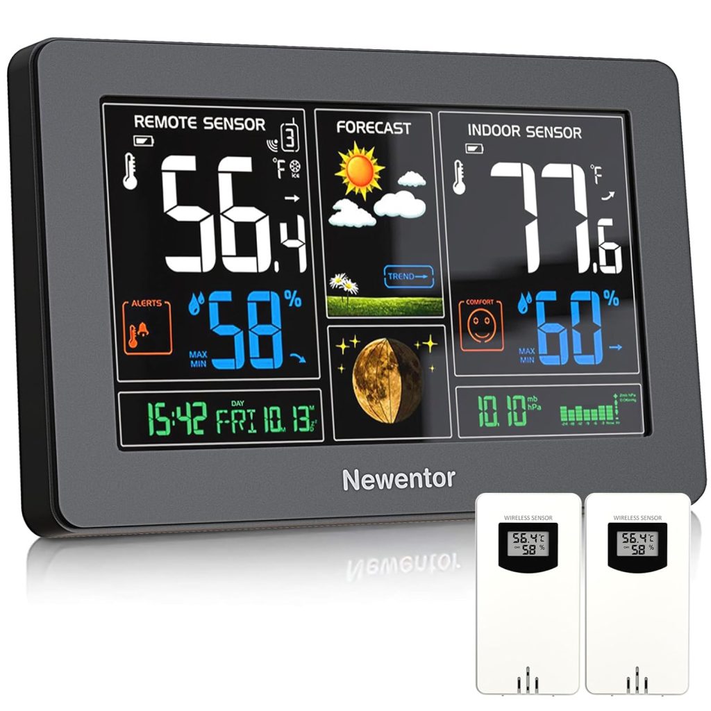 Newentor Weather Station Wireless Indoor Outdoor Thermometer, Color Display Digital Weather Thermometer with Atomic Clock, Barometric Pressure, Forecast Station with Adjustable Backlight, Black