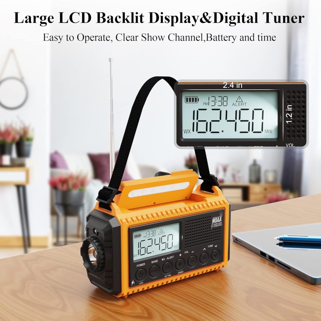 NOAA Emergency Weather Alert Radio, 5000 Large Capacity Hand Crank Solar Powered AM/FM/Shortwave Radio for Home, Portable LED Camping Flashlight Reading Lamp, Phone Charger Earphone Jack,SOS Alarm