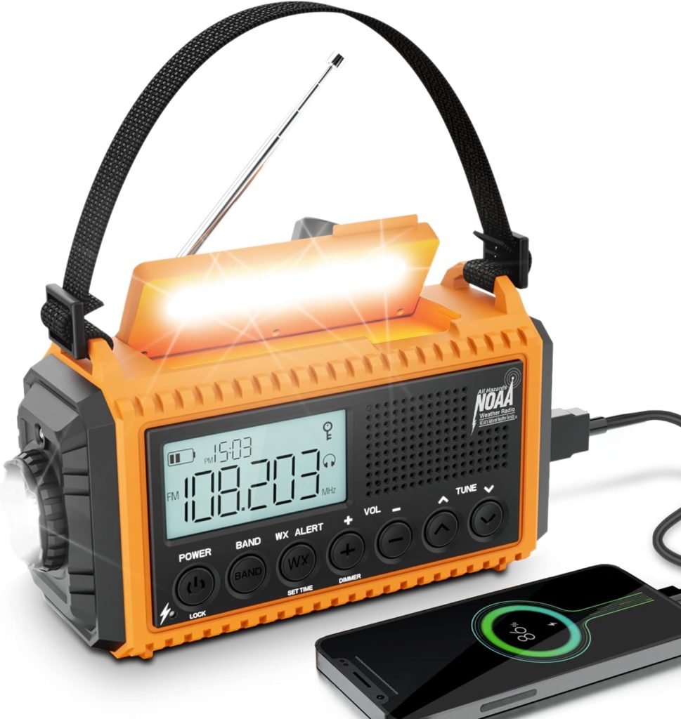 NOAA Emergency Weather Alert Radio, 5000 Large Capacity Hand Crank Solar Powered AM/FM/Shortwave Radio for Home, Portable LED Camping Flashlight Reading Lamp, Phone Charger Earphone Jack,SOS Alarm