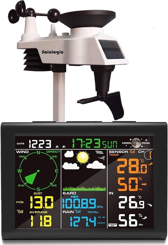 sainlogic Wireless Weather Station with Outdoor Sensor, 8-in-1 Weather Station with Weather Forecast, Temperature, Air Pressure, Humidity, Wind Gauge, Rain Gauge, Moon Phase, Alarm Clock (No WiFi)