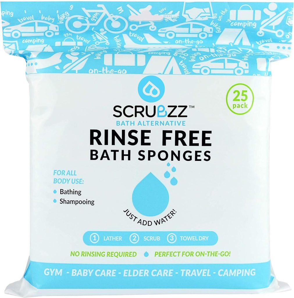 Scrubzz Disposable Rinse Free Bathing Wipes - 25 Pack - All-in-1 Single Use Shower Wipes, Simply Dampen, Lather, and Dry Without Shampoo or Rinsing