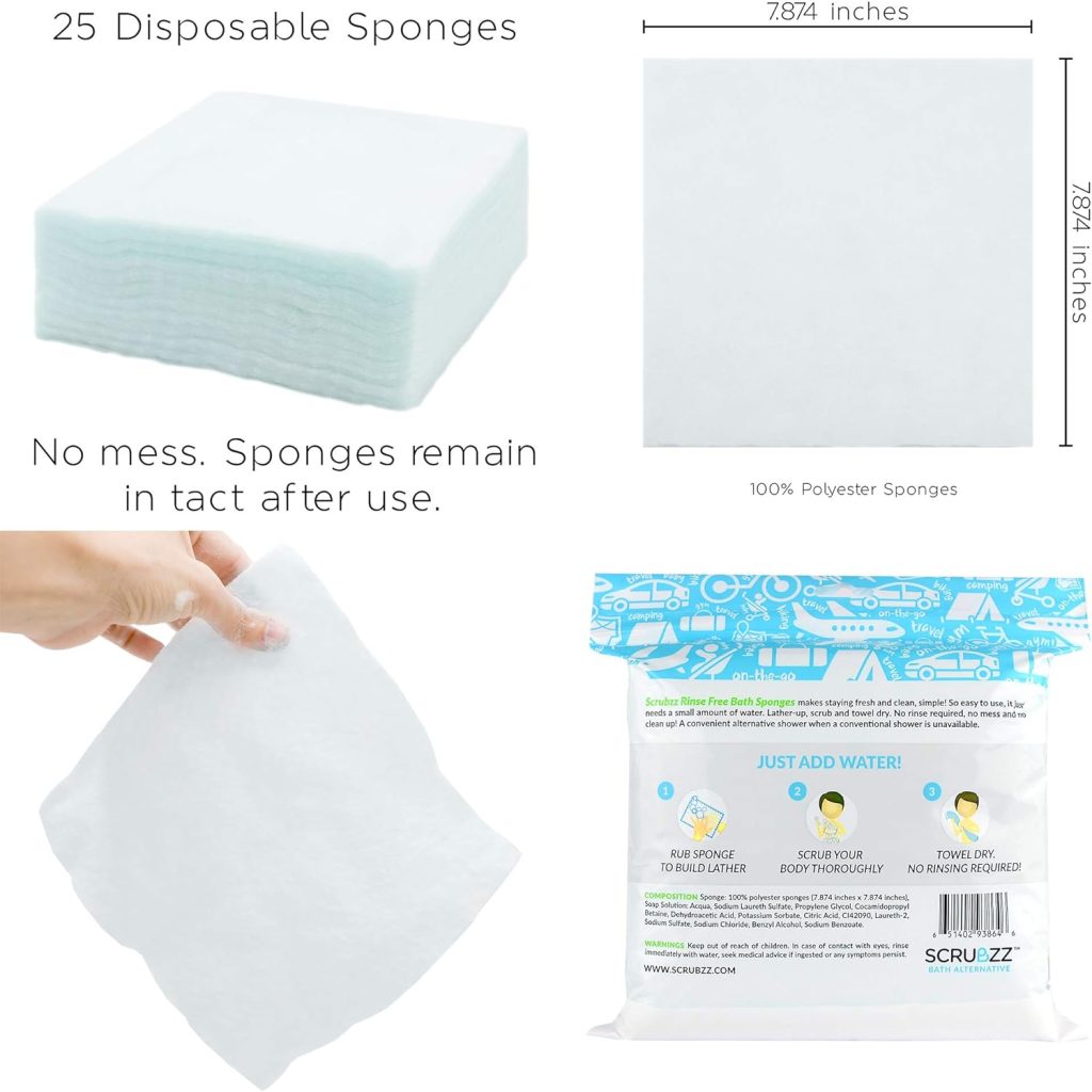 Scrubzz Disposable Rinse Free Bathing Wipes - 25 Pack - All-in-1 Single Use Shower Wipes, Simply Dampen, Lather, and Dry Without Shampoo or Rinsing