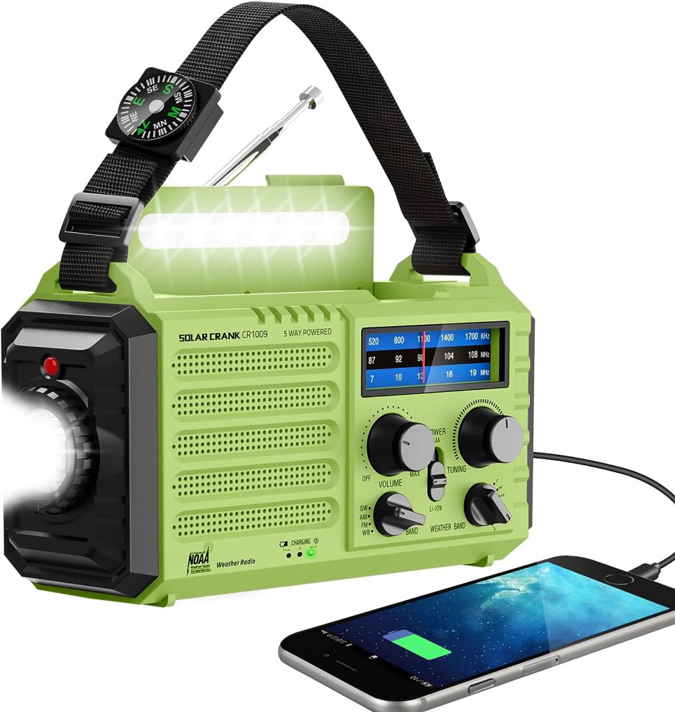 Solar Hand Crank NOAA Emergency Radio with AM FM Shortwave, USB Charger, LED Flashlight, Clock, and SOS Alert - Portable for Outdoors Camping Survival