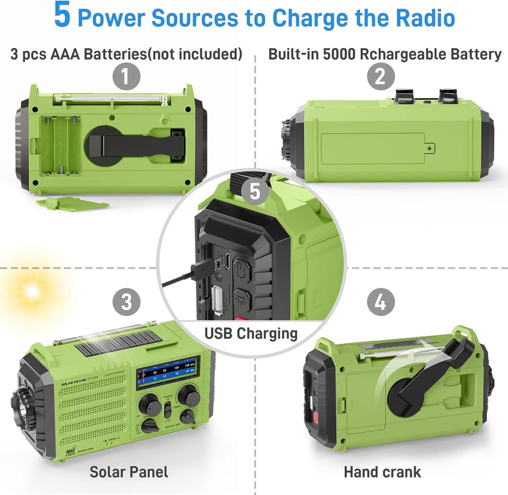 Solar Hand Crank NOAA Emergency Radio with AM FM Shortwave, USB Charger, LED Flashlight, Clock, and SOS Alert - Portable for Outdoors Camping Survival