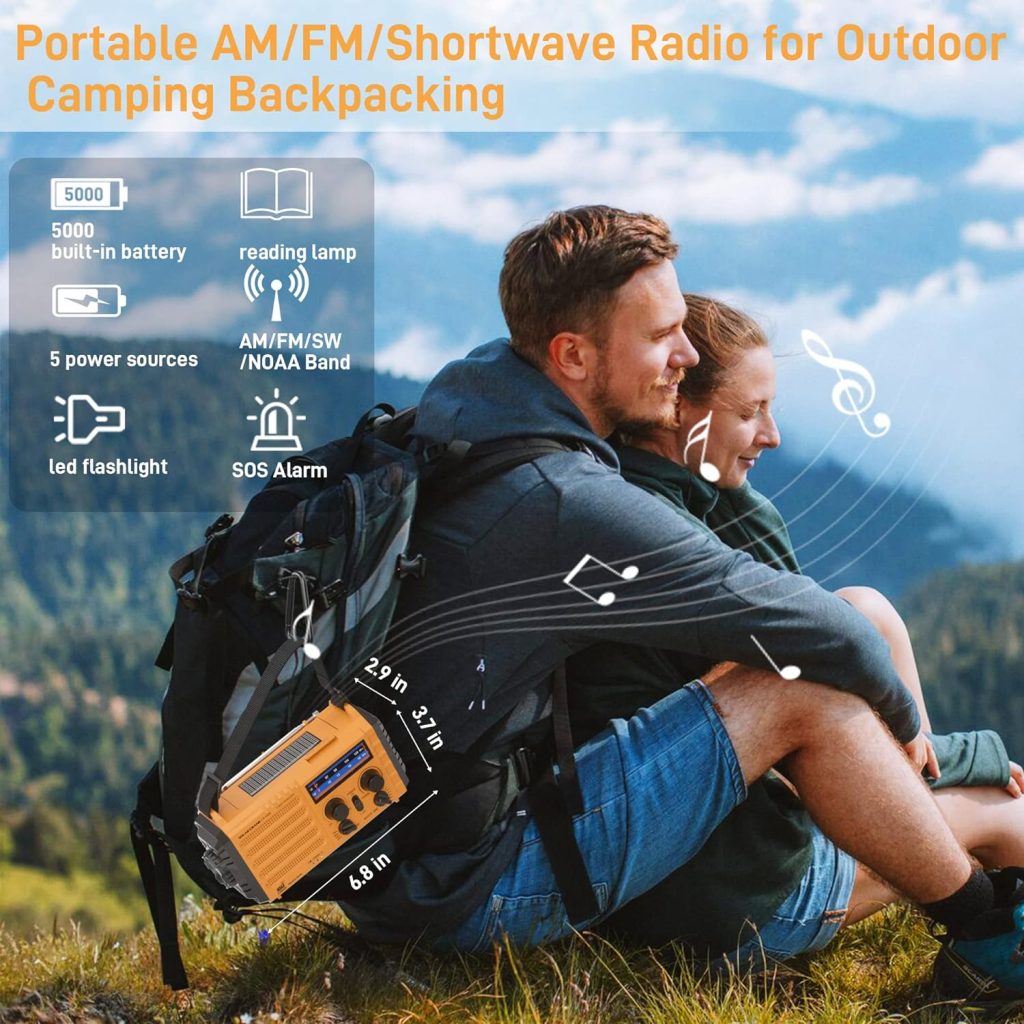 Solar Hand Crank NOAA Emergency Radio with AM FM Shortwave, USB Charger, LED Flashlight, Clock, and SOS Alert - Portable for Outdoors Camping Survival