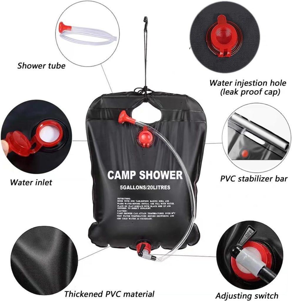 Solar Shower Bag, 5 Gallons/20L Camping Shower Bag, Portable Shower Bag with Removable Hose and On-Off Switchable Shower Head for Camping Beach Swimming Outdoor Traveling