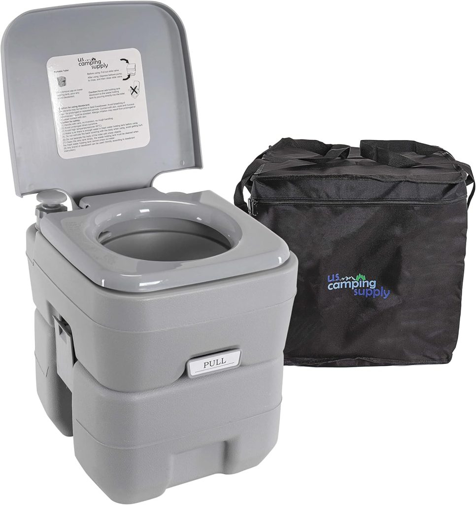 U.S. Camping Supply Portable Toilet with Carry Bag, 5.3 Gallon Waste Tank - Compact Indoor Outdoor Dual Outlet Commode - Travel, Camping, RV, Boating, Fishing - Traveling Bathroom, Water Flush Pump