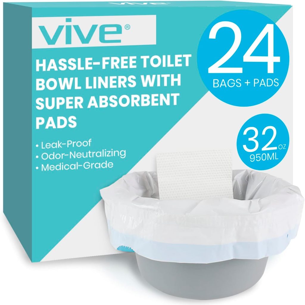 Vive Toilet Bowl Liners with Super Absorbent Pads (24 Pack) - Most Absorbent on Market - for Commodes Camping, Camp, Hurricane Preparedness Items Supplies Kit - Portable Porta Potty Bag