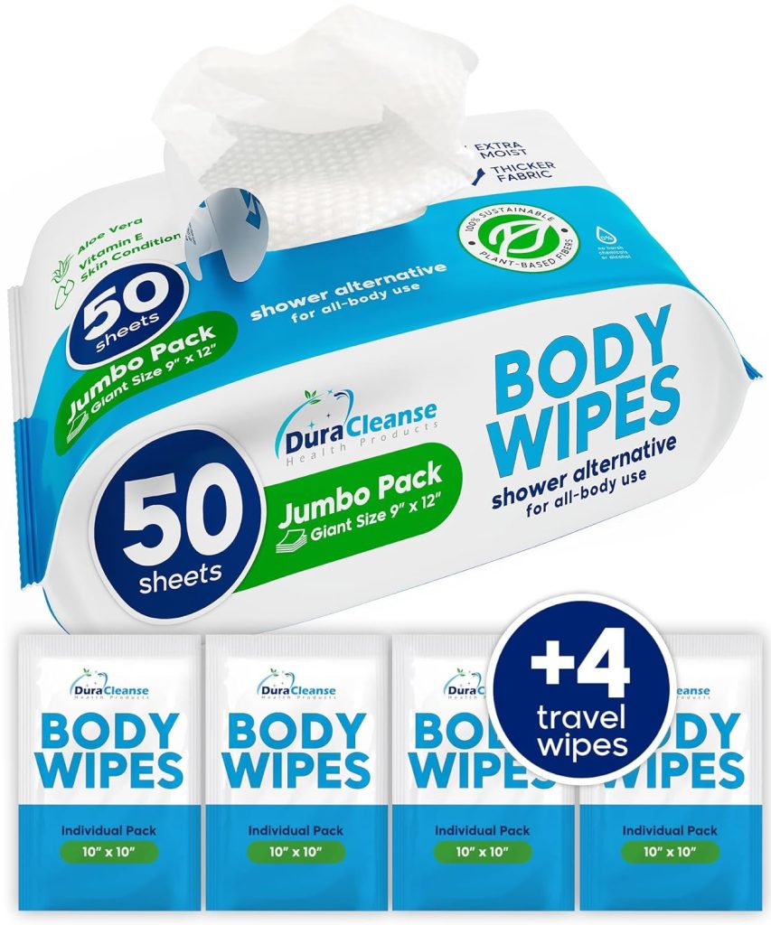 XL Body Wipes (50 Count) + 4 Travel Shower Wipes for Adults Bathing No Rinse - 9 x 12 Thick Cleansing Bath Wash Wipes for Men and Women - Disposable Washcloths for Camping Elderly Incontinence