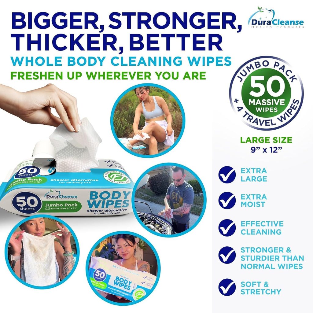 XL Body Wipes (50 Count) + 4 Travel Shower Wipes for Adults Bathing No Rinse - 9 x 12 Thick Cleansing Bath Wash Wipes for Men and Women - Disposable Washcloths for Camping Elderly Incontinence