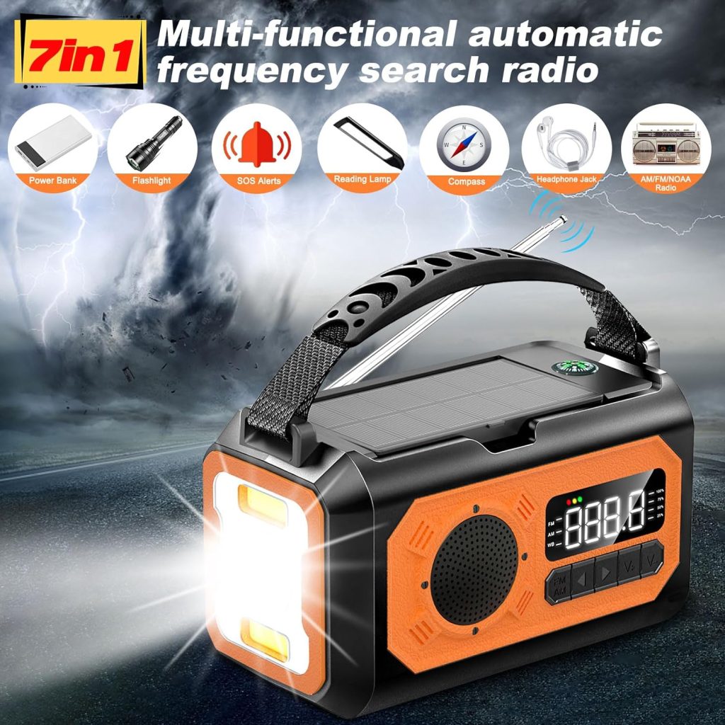 12000mAh Emergency Radio,Multi-Function AM/FM/NOAA Weather Radio,2 Solar Panels,Hand Crank,USB Cable 3 Charging Methods,SOS Alarm,Flashlight,Phone Charger,Compass,Reading Lamp (Grey)