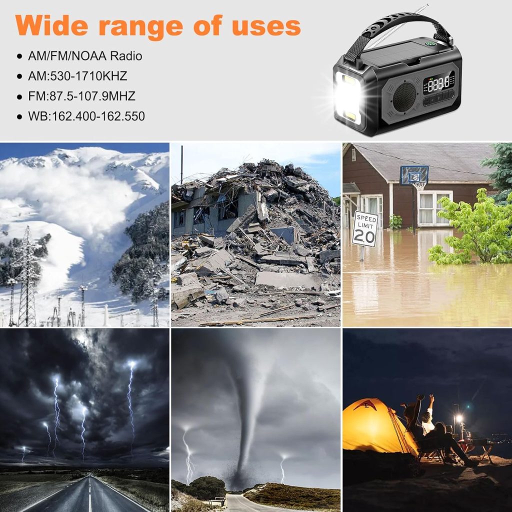 12000mAh Emergency Radio,Multi-Function AM/FM/NOAA Weather Radio,2 Solar Panels,Hand Crank,USB Cable 3 Charging Methods,SOS Alarm,Flashlight,Phone Charger,Compass,Reading Lamp (Grey)