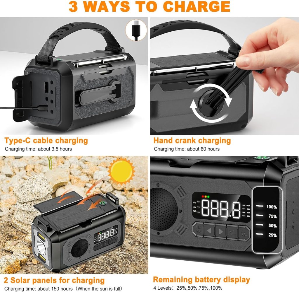 12000mAh Emergency Radio,Multi-Function AM/FM/NOAA Weather Radio,2 Solar Panels,Hand Crank,USB Cable 3 Charging Methods,SOS Alarm,Flashlight,Phone Charger,Compass,Reading Lamp (Grey)