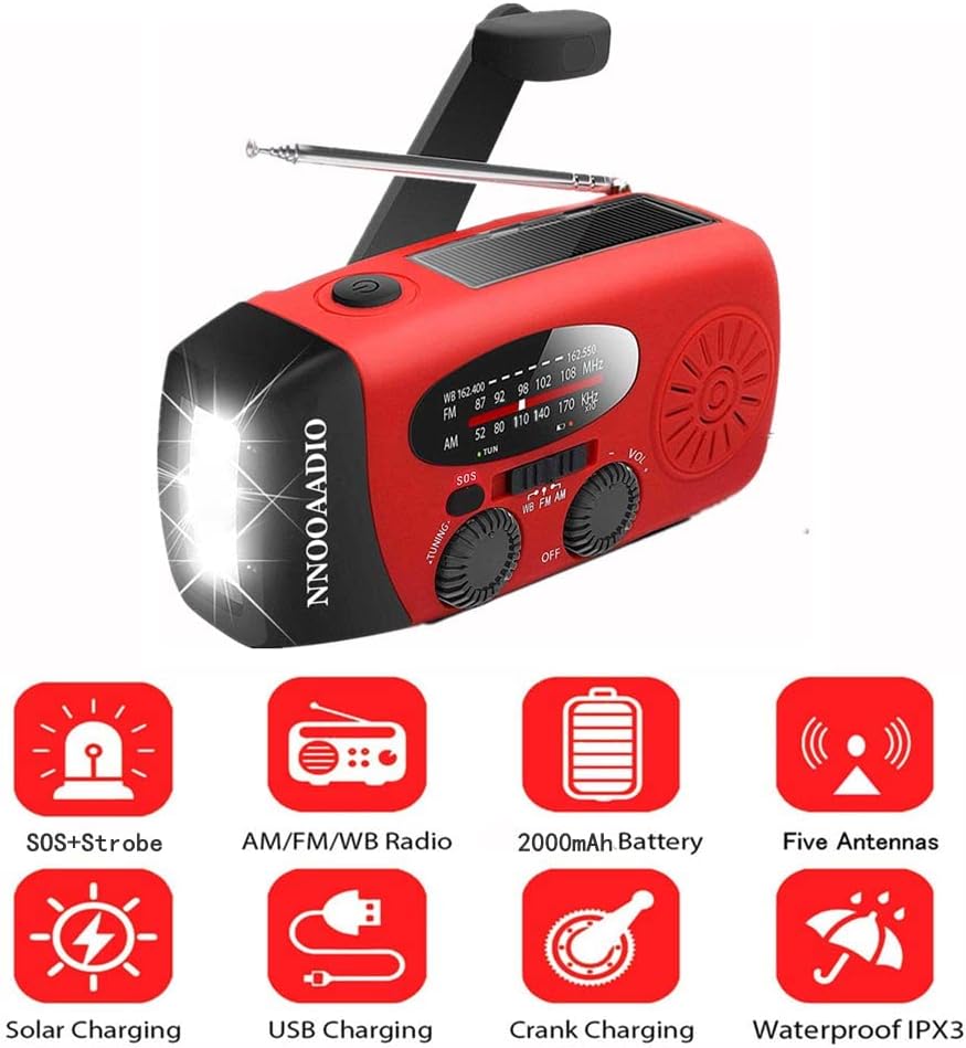 2000mAh SOS Alarm Emergency Weather Radio, 3LED Type-C Hand Crank Solar Battery Operated Wind Up Radio Flashlight, NOAA AM FM Portable Radio Cell Phone Charger Survival Kit (Red)