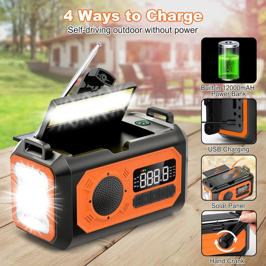 【2023 Newest】12000mAh Emergency Weather Radio, Hand Crank Radio, Portable AM/FM/NOAA Radio with 2 Solar Panels, Multi-Function Solar Radio with Flashlight Reading Lamp SOS, Compass, Power Bank(Orange)