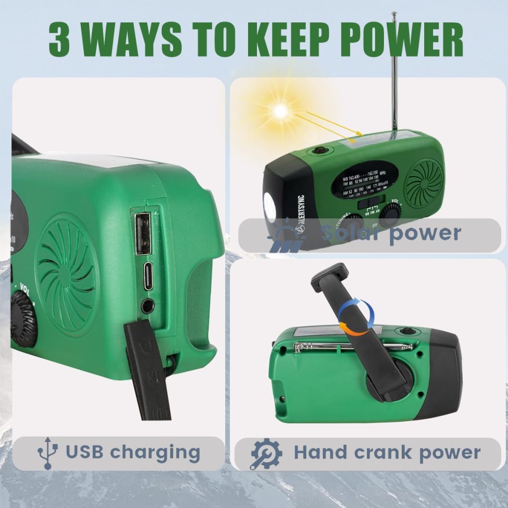 2024 Upgrade 5000mah Alertsync NOAA Weather Emergency Radio with Solar Charging, AM FM Hand Crank Windup Radio SOS Alarm LED Flashlight with Earphone Jack for Home, Camping, Survival Hurricane (Green)